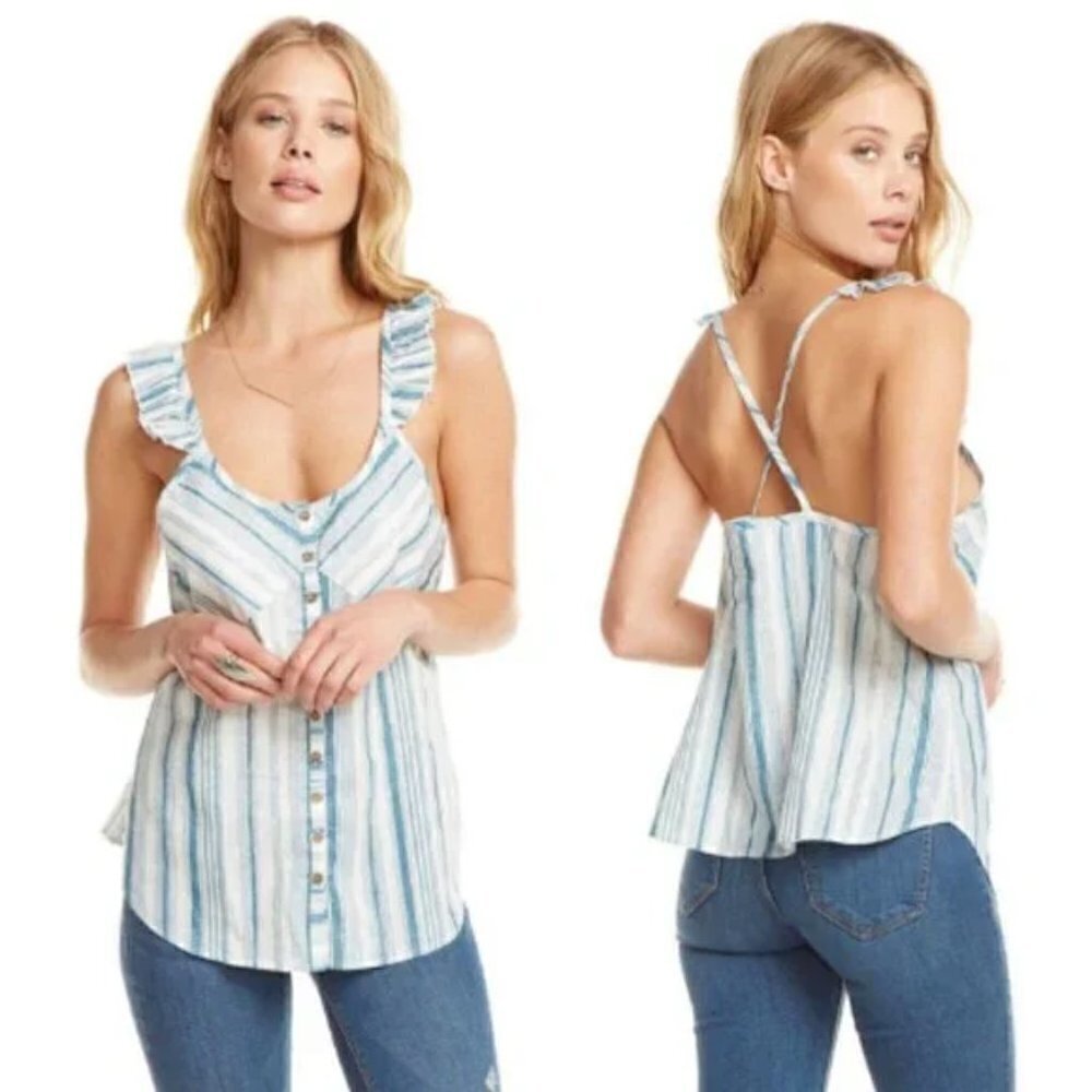 Chaser Beachy Striped Linen Blend Button Down Camisole Tank Top